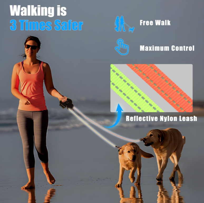 Dual Retractable Dog Leash with LED Light - 3M Tangle-Free